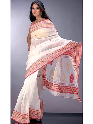 Handwoven Cotton Sari from Bengal with Red Border and Bootis