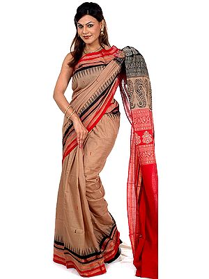 Handwoven Fawn Bomkai Sari with Temple Border