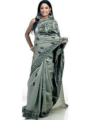 Hand-Woven Gray Baluchari Sari from Kolkata