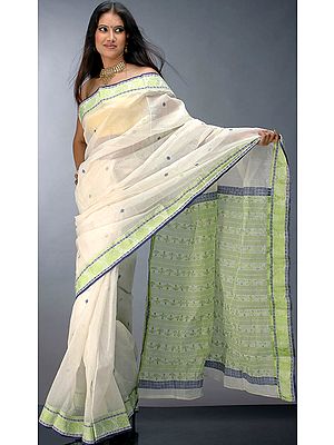 Handwoven Ivory and Green Sari from Bengal
