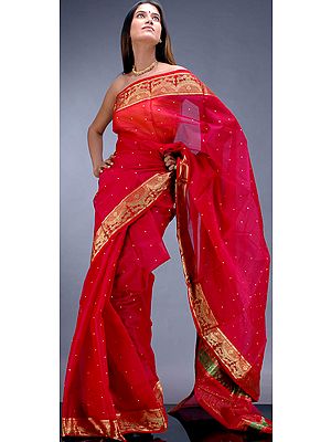 Hand-Woven Lipstick-Red Sari from Bengal
