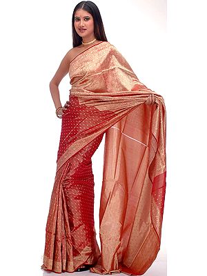 Handwoven Maroon and Golden Bridal Sari from Banaras
