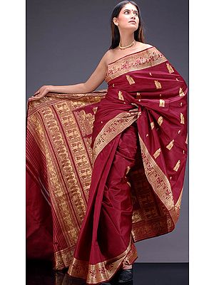 Hand-Woven Maroon Baluchari Sari