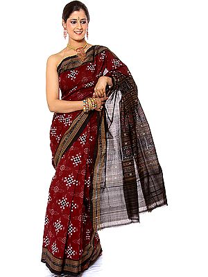 Handwoven Maroon Sakta Sari from Sambhalpur with Rudraksha Border