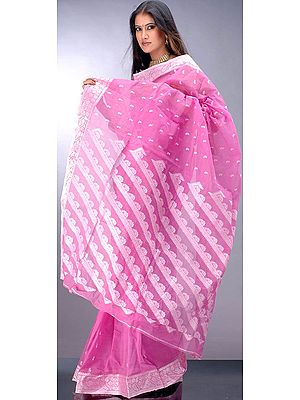 Handwoven Raspberry Sari from Bengal with Dhakai Weave