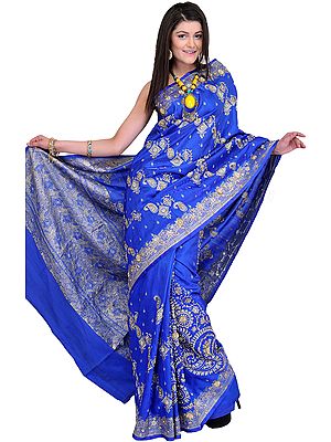 Imperial-Blue Wedding Sari from Banaras with Embroidered Sequins and Beads