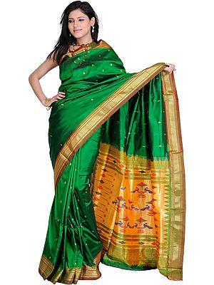 Islamic-Green Paithani Sari with Peacocks woven by Hand