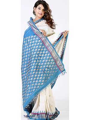 Ivory and Blue Designer Temple Sari with a Starry Border