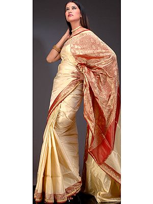 Ivory and Maroon Valkalam Sari from Banaras