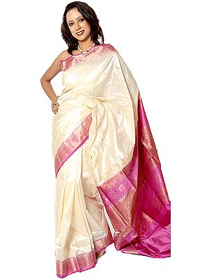 Ivory and Pink Kanjivaram Sari with Brocaded Border and Anchal
