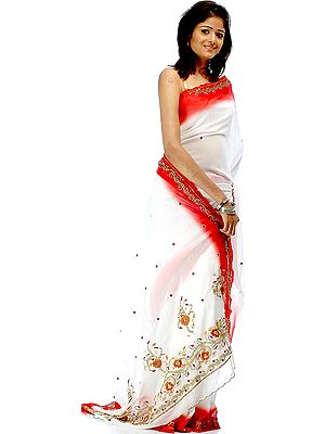 Ivory and Red Georgette Sari with Beads and Sequins