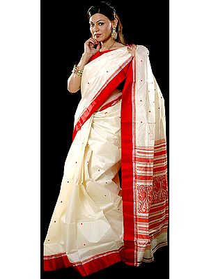 Ivory and Red Hand-woven Garad Sari from Bengal
