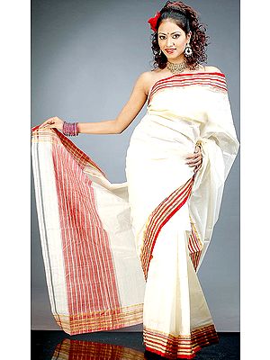 Ivory and Red Puja Sari from Bengal