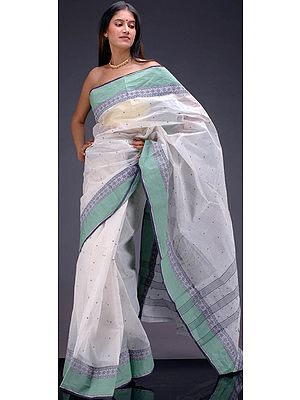 Ivory Bengal Cotton Sari with Bootis and Green Border