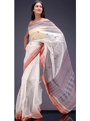 Ivory Bengal Cotton Sari with Temple Border