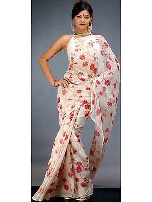 Ivory Chiffon Sari with Floral Kantha Stitch and Sequins