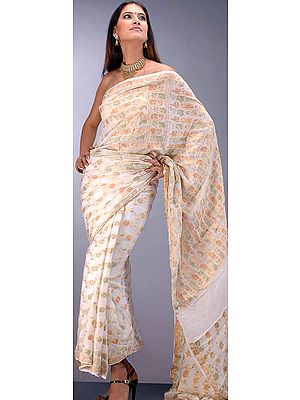 Ivory Chiffon Sari with Multi-Colored Floral Weave