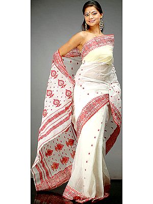 Ivory Cotton Sari from Calcutta with Dhakai Weave