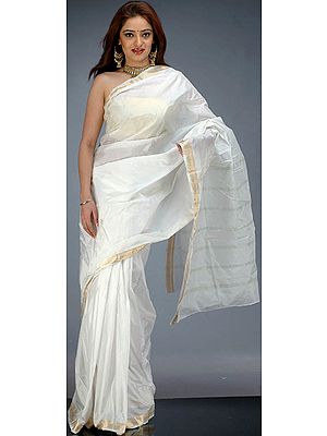 Ivory Hand Woven Sari with Golden Zari Border