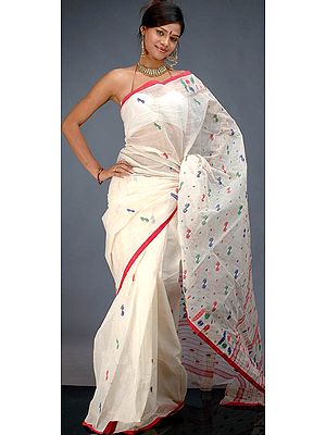 Ivory Handwoven Bengal Sari with Tricolor Bootis