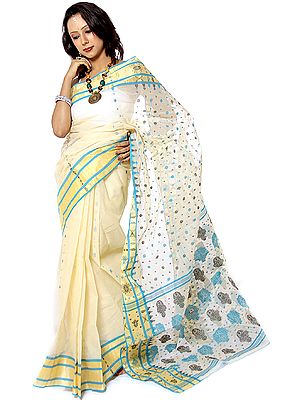 Ivory Hand-woven Tengail Sari from Kolkata