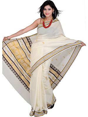 Ivory Kasavu Cotton Sari from Kerala with Elephants Woven in Golden Thread