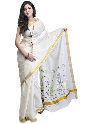 Ivory Kasavu Cotton Sari from Kerala with Embroidered Little Krishna on Border