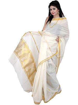 Ivory Kasavu Sari with Golden Thread Weave