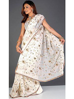 Ivory Sequined Sari with All-Over Antique-Work