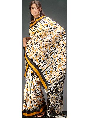 Ivory Silk Sari with Black and Yellow Print