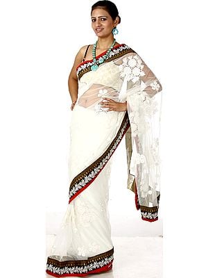 Ivory Wedding Saree with Floral Crewel Embroidery and Patch Border