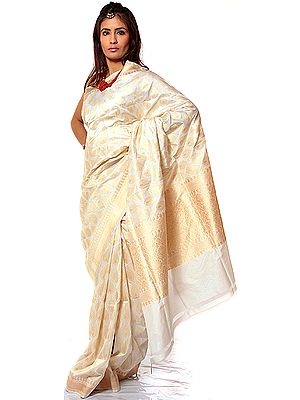 Ivory Wedding Sari from Banaras with All-Over Leaves Woven by Hand