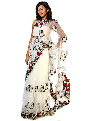 Ivory Wedding Sari with Crewel Embroided Flowers and Beadwork