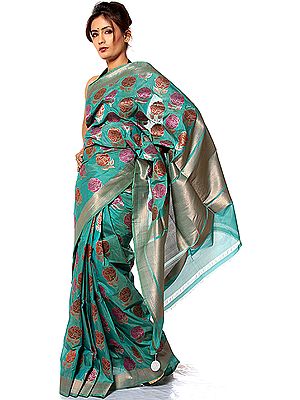 Jade-Green Sari from Banaras with All-Over Large Flowers Weave by Hand