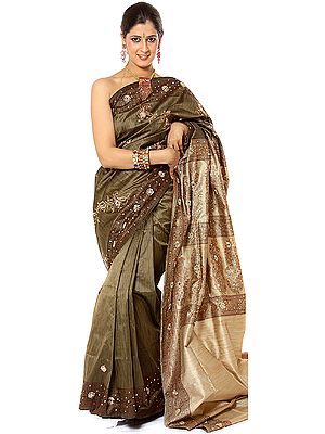 Khaki Banarasi Sari with Beadwork and Sequins