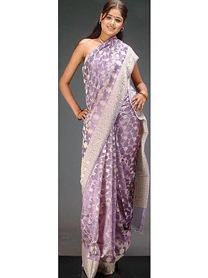Lavender Banarasi Sari with All-Over Thread Weave