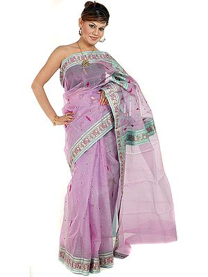 Lavender Chanderi Sari with Golden Bootis and Brocaded Border