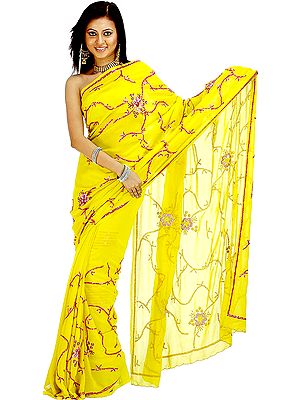Lemon Yellow Sari with Bright-Violet Beads and Sequins