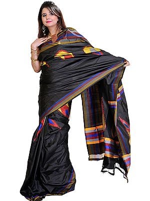 Licorice-Black Double Ikat Saree from Pochampally with Hand-Woven Peacock Feathers