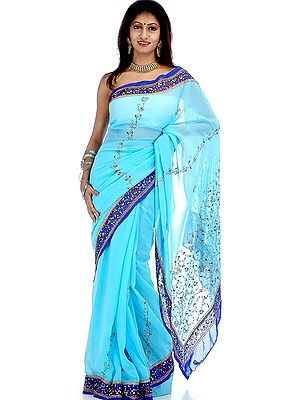 Light and Dark Blue Sari with Sequins and Beads