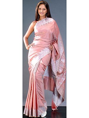 Light Brown Banarasi Sari with Silver Colored Thread Weave