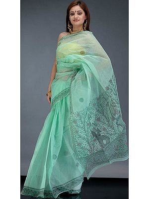 Light Green Madhubani Hand Painted Sari