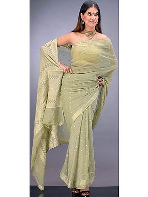Light Olive-Green Banarasi Crush Sari with Silver Bootis