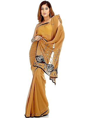 Light Sepia and Black Sari with Sequins and Threadwork