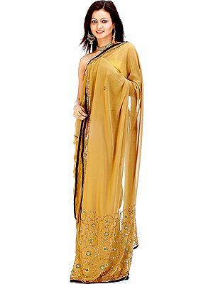 Light Sepia Sari with Sequins and Threadwork