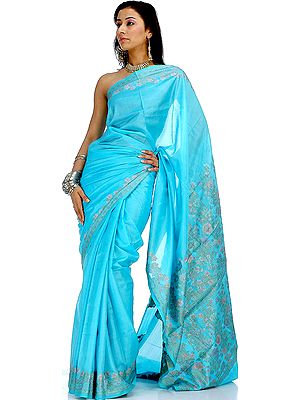 Light-Blue Sari with Floral Weave on Pallu and Border