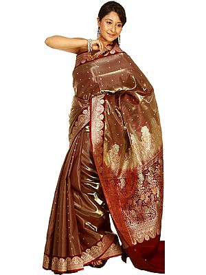Light-Brown Banarasi Sari with Golden Bootis and Brocaded Aanchal
