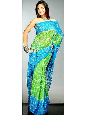 Lime and Turquoise Gujarati Bandhani Sari