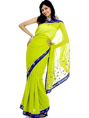 Lime Green and Blue Sari with Sequins and Threadwork