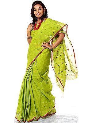 Lime Green Dhakai Sari from Kolkata with All-Over Bootis